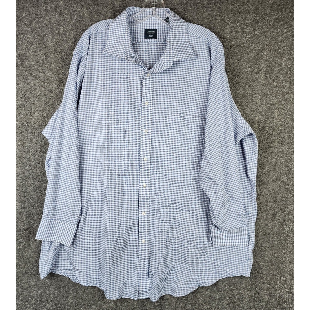 Arrow Button Down Shirt Mens 18.5 32/33 Blue Gingham Big Fit Stretch Long Sleeve